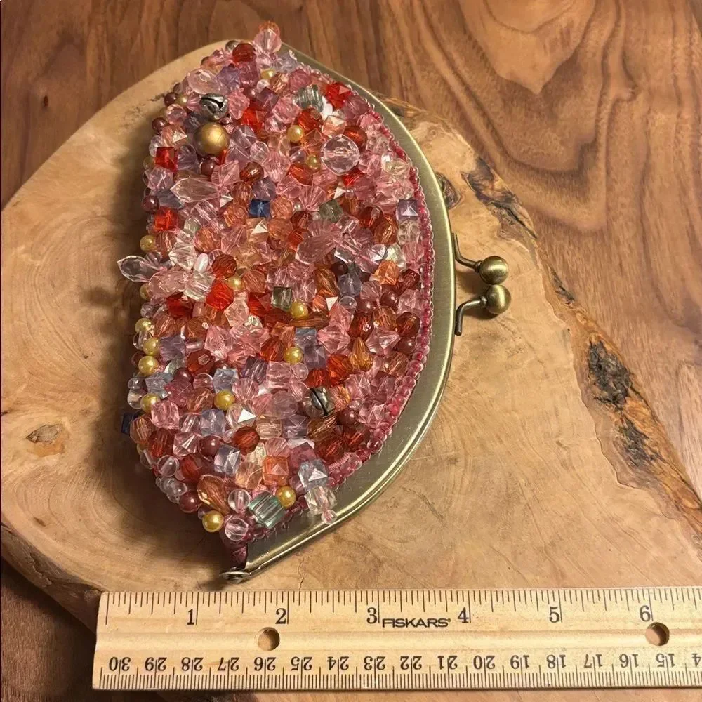 NEW. Beaded Clutch with Multi Colored Stones & Gold Kiss Lock